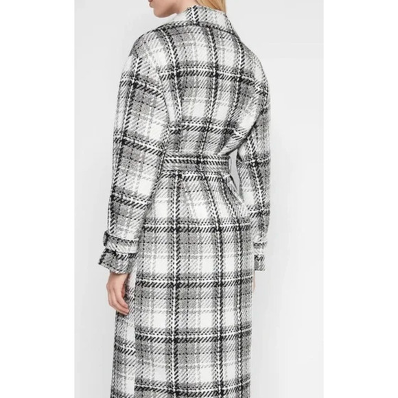 NEW EXPRESS BLACK WHITE GRAY PLAID BELTED WRAP FRONT COAT SIZE SMALL - Picture 7 of 10